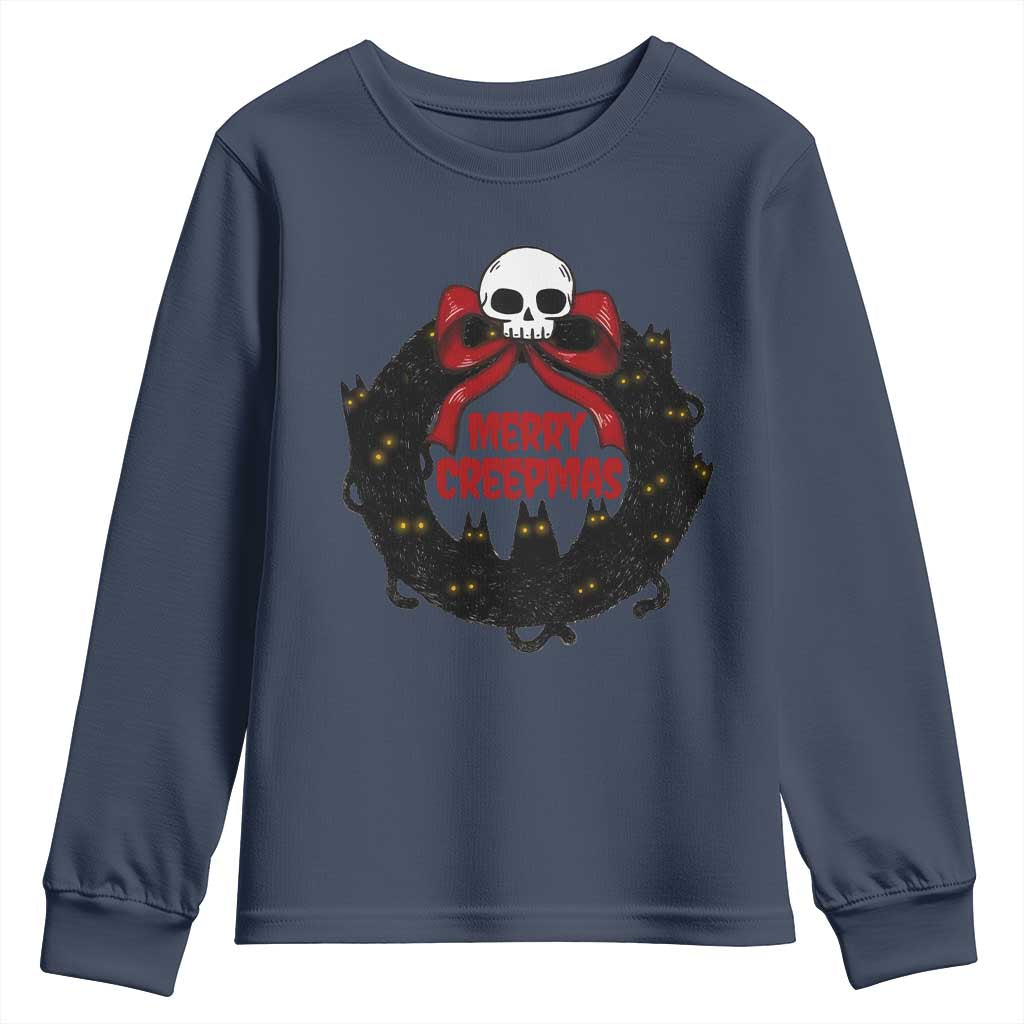 Gothic Christmas Youth Sweatshirt Merry Creepmas Cat Wreath TS09 Navy Print Your Wear