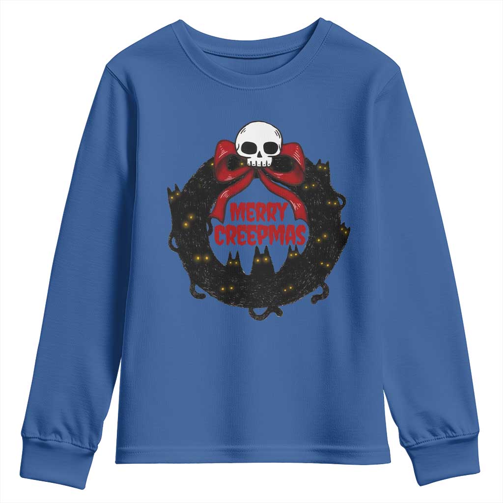 Gothic Christmas Youth Sweatshirt Merry Creepmas Cat Wreath TS09 Royal Blue Print Your Wear