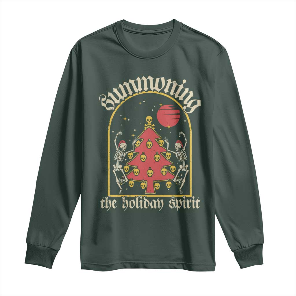 Gothic Xmas Long Sleeve Shirt Summoning Holiday Spirit Skeleton Christmas Tree TS09 Dark Forest Green Print Your Wear