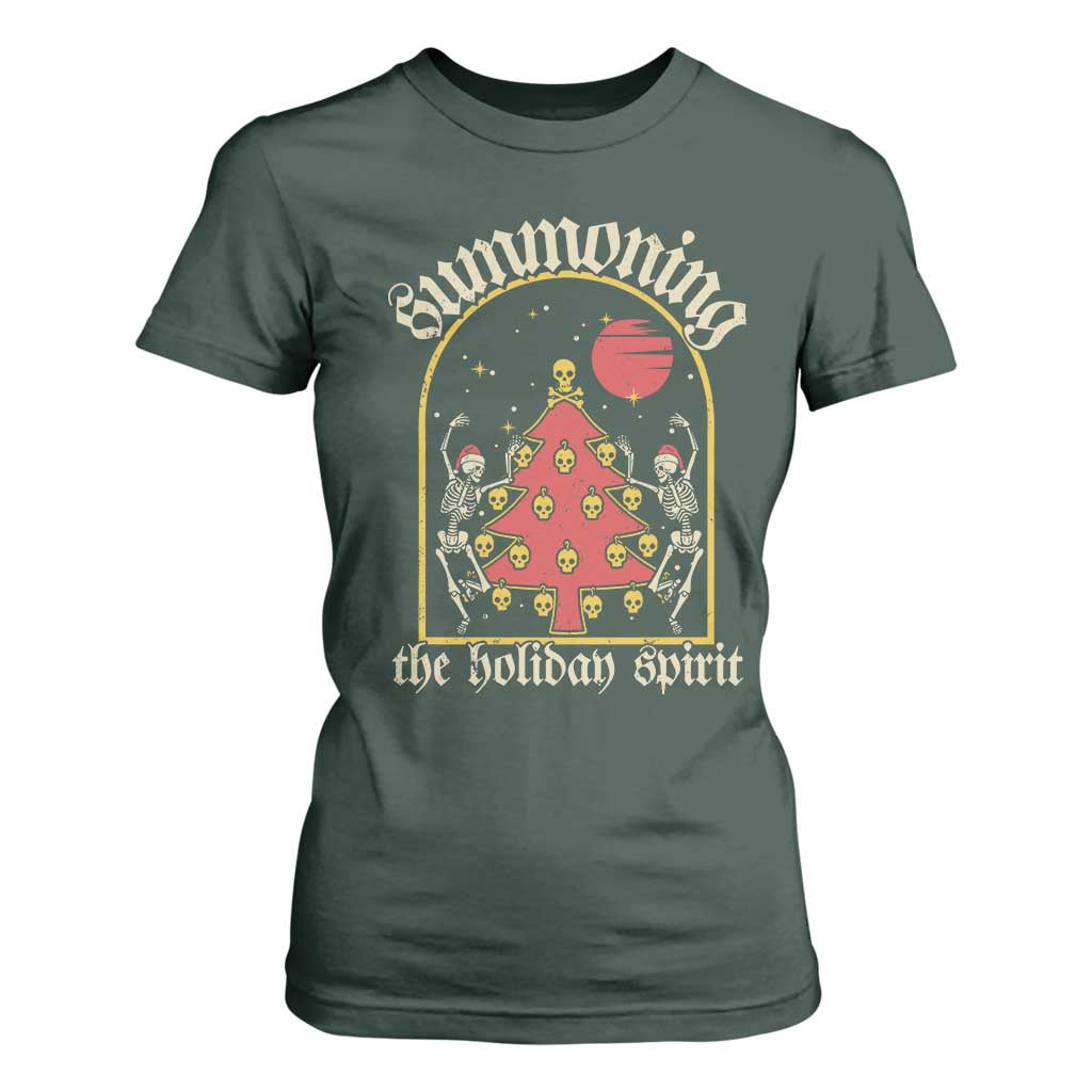 Gothic Xmas T Shirt For Women Summoning Holiday Spirit Skeleton Christmas Tree TS09 Dark Forest Green Print Your Wear