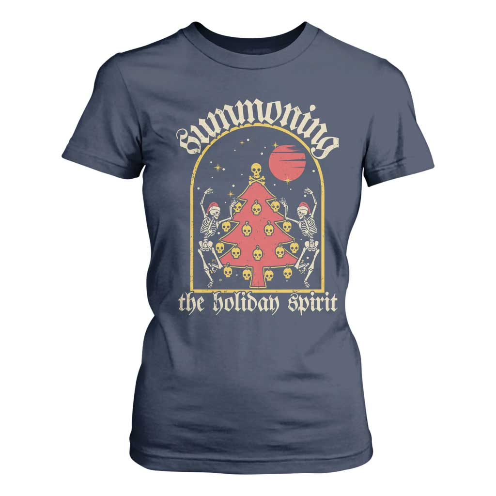 Gothic Xmas T Shirt For Women Summoning Holiday Spirit Skeleton Christmas Tree TS09 Navy Print Your Wear