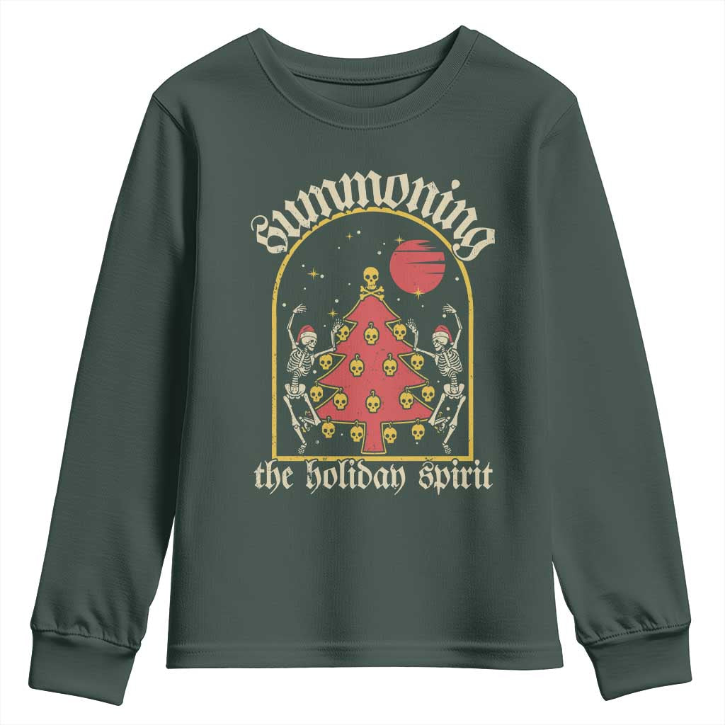 Gothic Xmas Youth Sweatshirt Summoning Holiday Spirit Skeleton Christmas Tree TS09 Dark Forest Green Print Your Wear