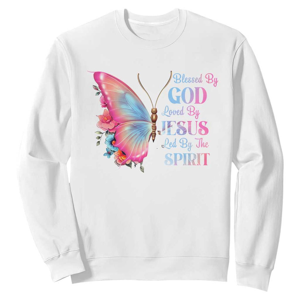 Christian Sweatshirt Blessed By God Loved By Jesus Led By The Spirit TS09 White Print Your Wear