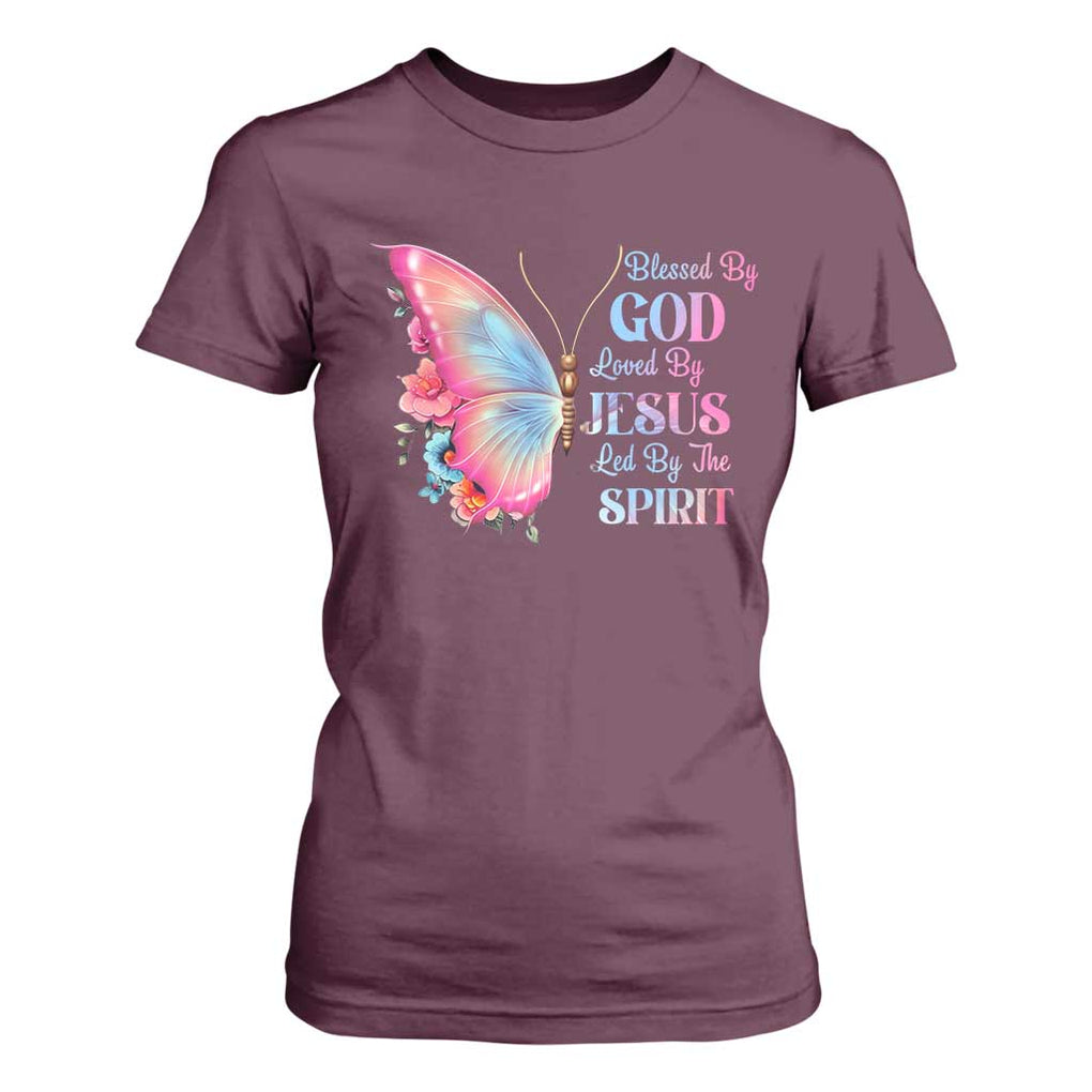 Christian T Shirt For Women Blessed By God Loved By Jesus Led By The Spirit TS09 Maroon Print Your Wear