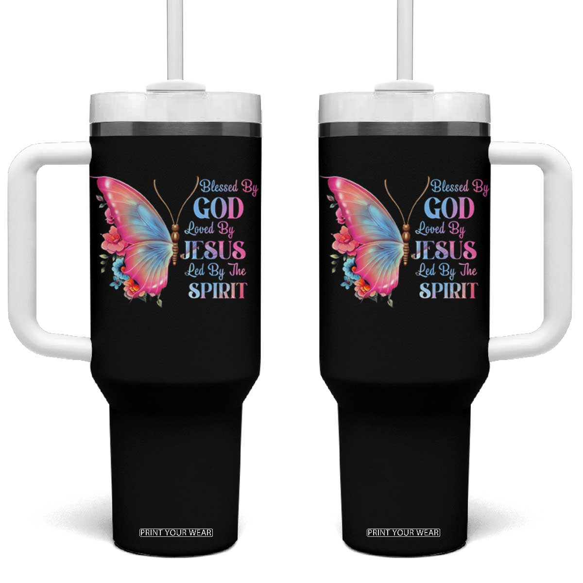 Christian Tumbler With Handle Blessed By God Loved By Jesus Led By The Spirit TS09 One Size: 40 oz Black Print Your Wear