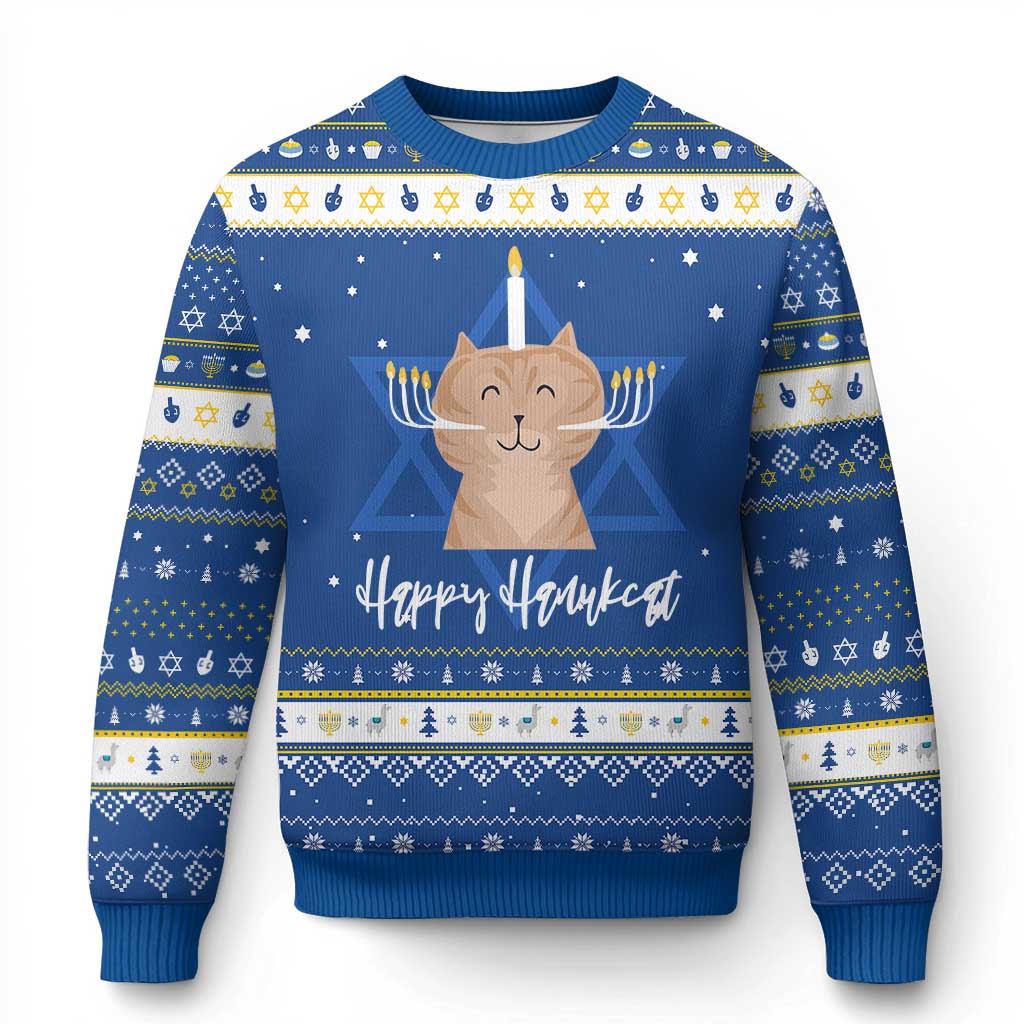 Cute Cat Menorah Hanukkah Ugly Sweater Jewish Kitten Chanukah Hanukkat TS09 Blue White Print Your Wear