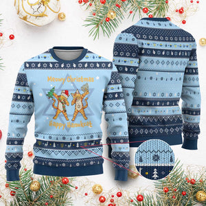 Happy Hanukcat Xmas Hanukkah Ugly Sweater Meowy Christmas Menoral Chanukkah TS09 Light Blue Navy Print Your Wear