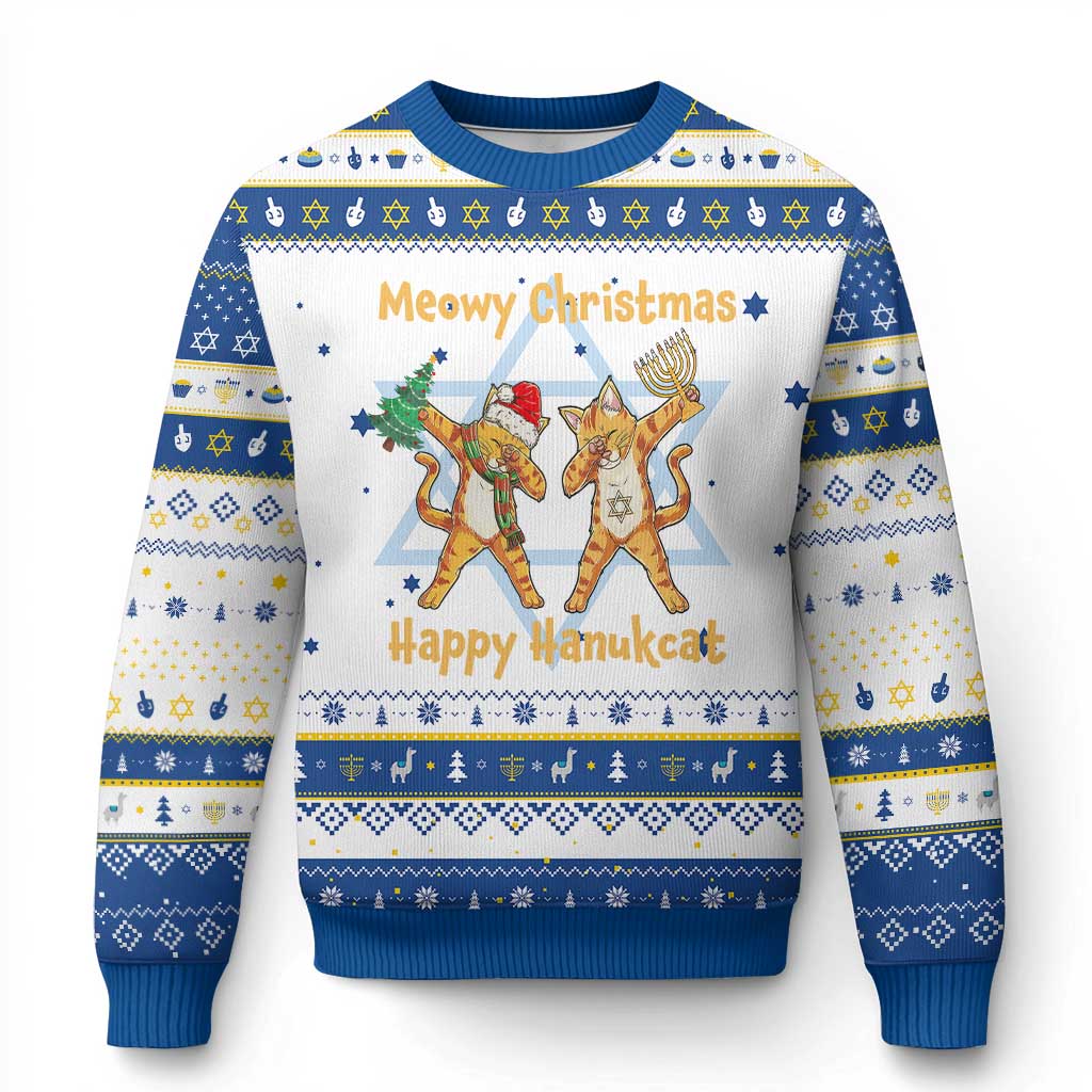 Happy Hanukcat Xmas Hanukkah Ugly Sweater Meowy Christmas Menoral Chanukkah TS09 White Royal Blue Print Your Wear
