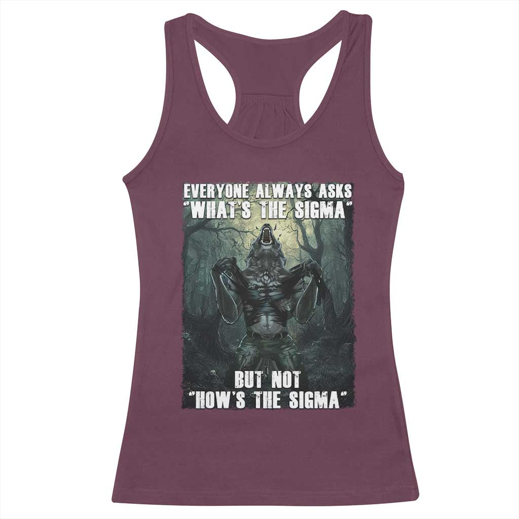 Funny Meme Wolf Alpha Racerback Tank Top Everyone Always Asks What's The Sigma But Not How's The Sigma TS09 Maroon Print Your Wear