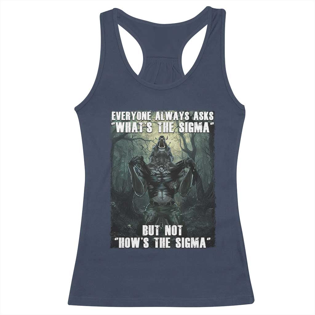 Funny Meme Wolf Alpha Racerback Tank Top Everyone Always Asks What's The Sigma But Not How's The Sigma TS09 Navy Print Your Wear