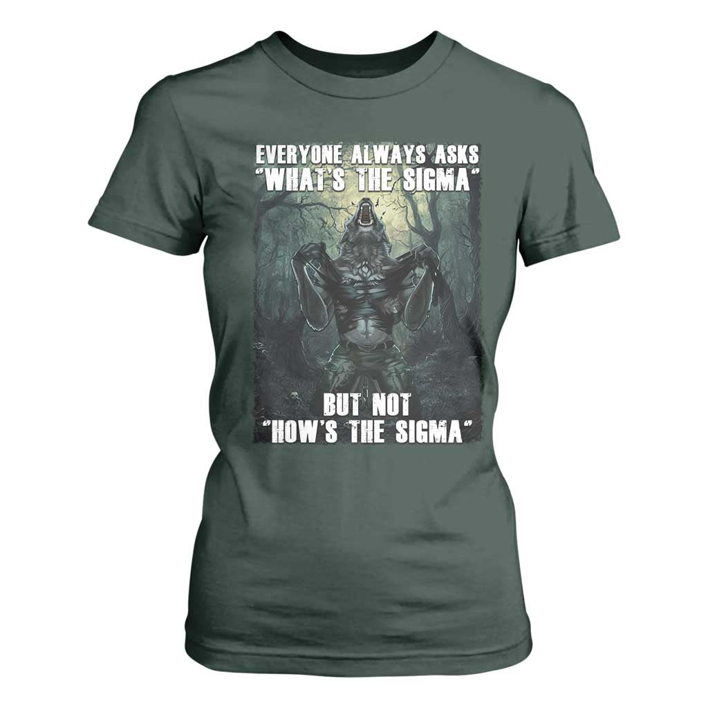 Funny Meme Wolf Alpha T Shirt For Women Everyone Always Asks What's The Sigma But Not How's The Sigma TS09 Dark Forest Green Print Your Wear