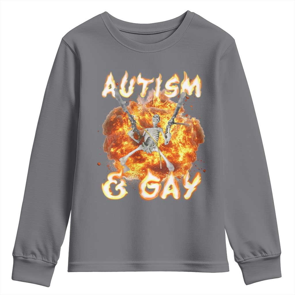 Funny Skeleton Meme Youth Sweatshirt Autistic and Gay TS09 Charcoal Print Your Wear