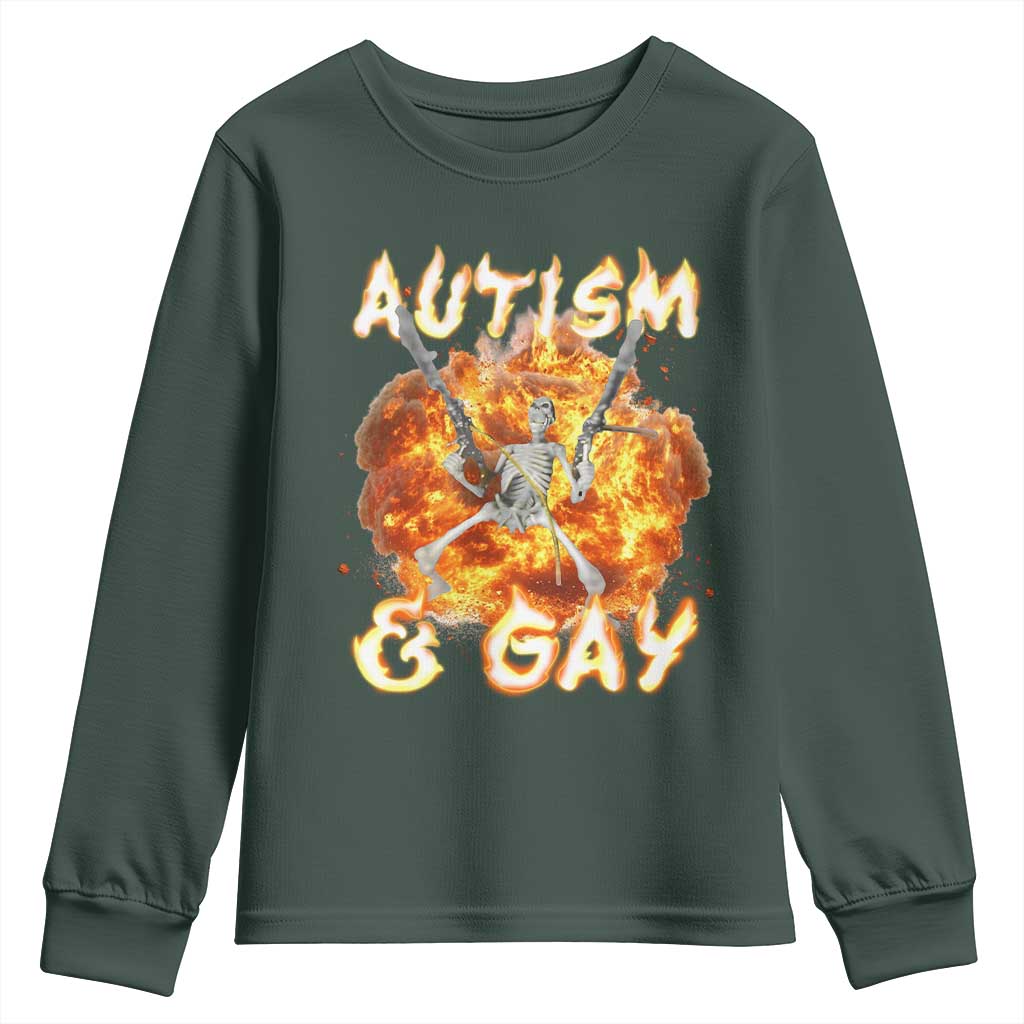 Funny Skeleton Meme Youth Sweatshirt Autistic and Gay TS09 Dark Forest Green Print Your Wear