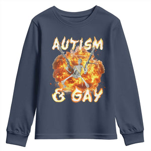 Funny Skeleton Meme Youth Sweatshirt Autistic and Gay TS09 Navy Print Your Wear