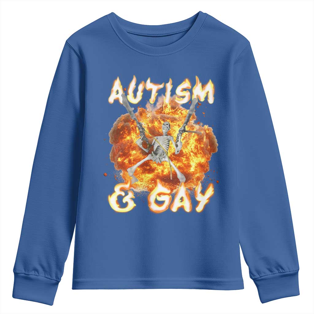 Funny Skeleton Meme Youth Sweatshirt Autistic and Gay TS09 Royal Blue Print Your Wear