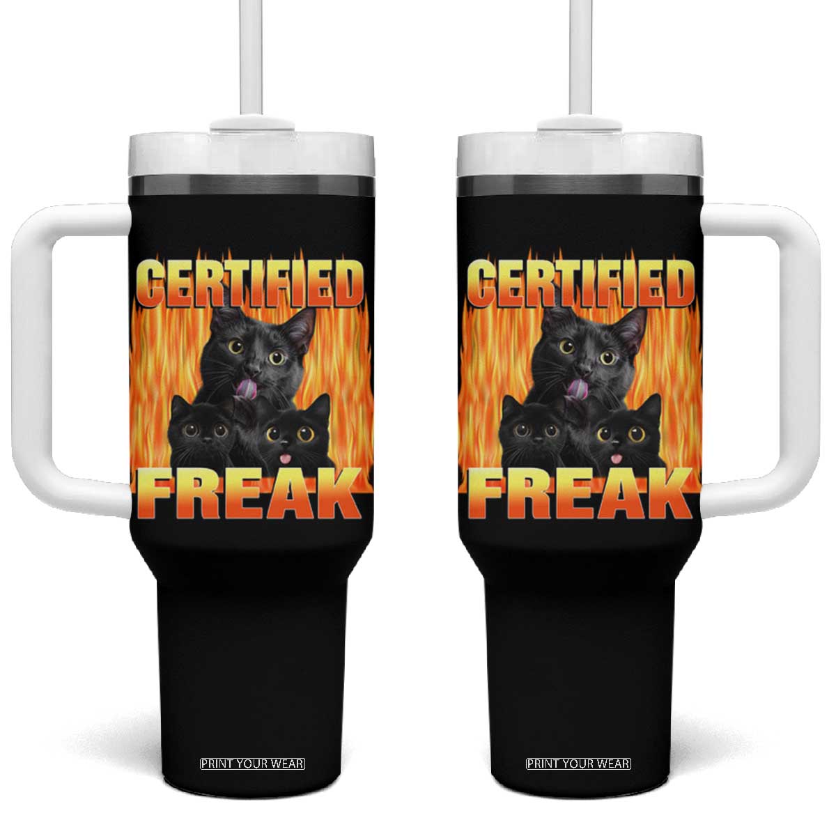 Funny Cat Meme Tumbler With Handle Certified Freak TS09 One Size: 40 oz Black Print Your Wear