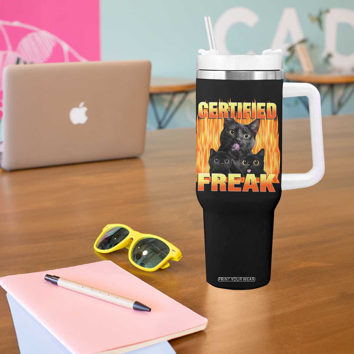 Funny Cat Meme Tumbler With Handle Certified Freak TS09 Print Your Wear