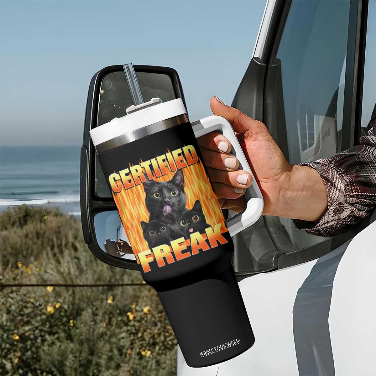 Funny Cat Meme Tumbler With Handle Certified Freak TS09 Print Your Wear