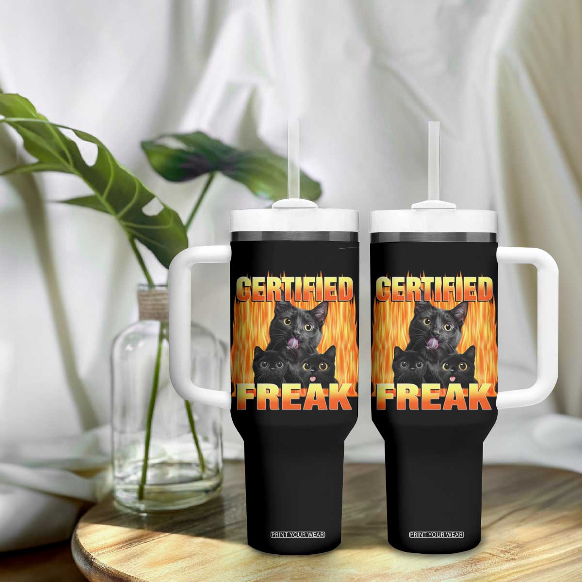 Funny Cat Meme Tumbler With Handle Certified Freak TS09 Print Your Wear