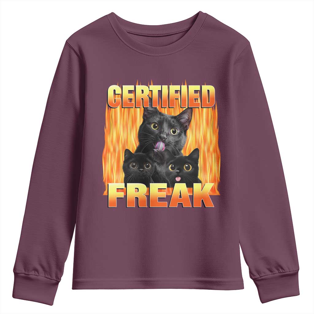 Funny Cat Meme Youth Sweatshirt Certified Freak TS09 Maroon Print Your Wear