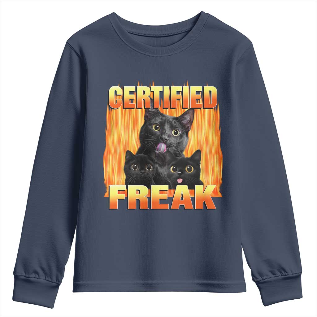Funny Cat Meme Youth Sweatshirt Certified Freak TS09 Navy Print Your Wear