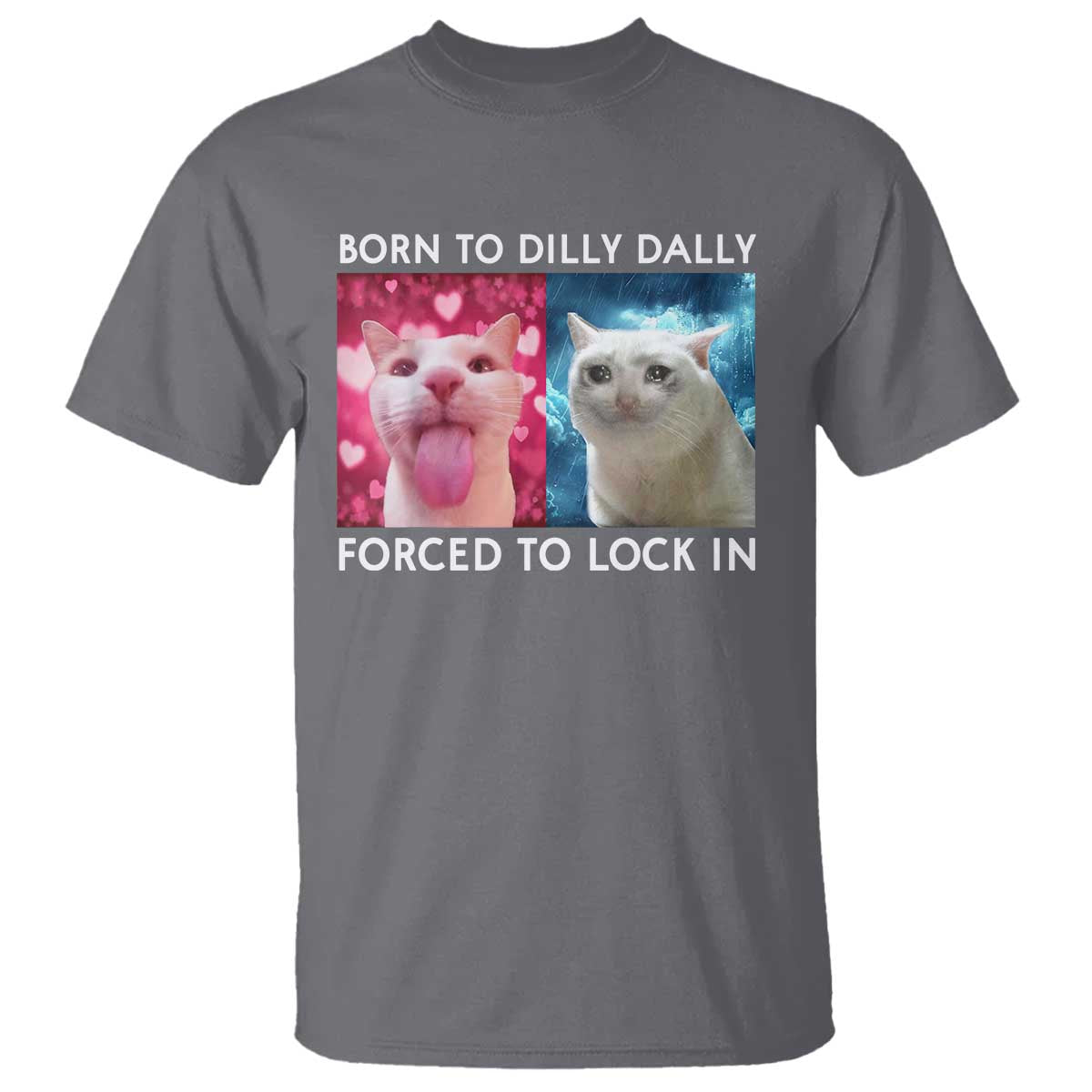 Funny Cat Meme T Shirt Born To Dilly Dally Forced To Lock In TS09 Charcoal Print Your Wear
