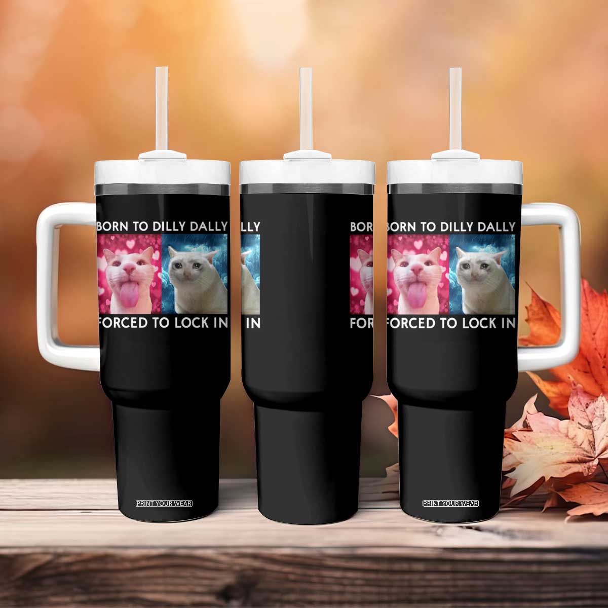 Funny Cat Meme Tumbler With Handle Born To Dilly Dally Forced To Lock In TS09 Print Your Wear