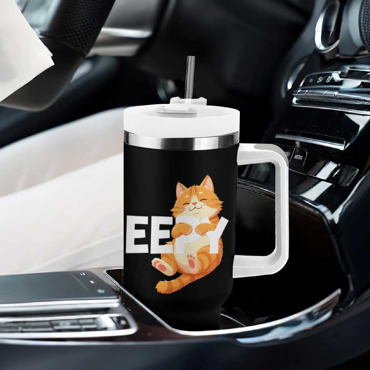 Funny Cat Meme Tumbler With Handle Eepy Cat Silly Sleepy Cat TS09 Print Your Wear