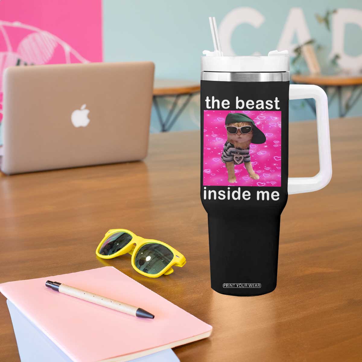 Funny Cat Meme Tumbler With Handle The Beast Inside Me TS09 Print Your Wear