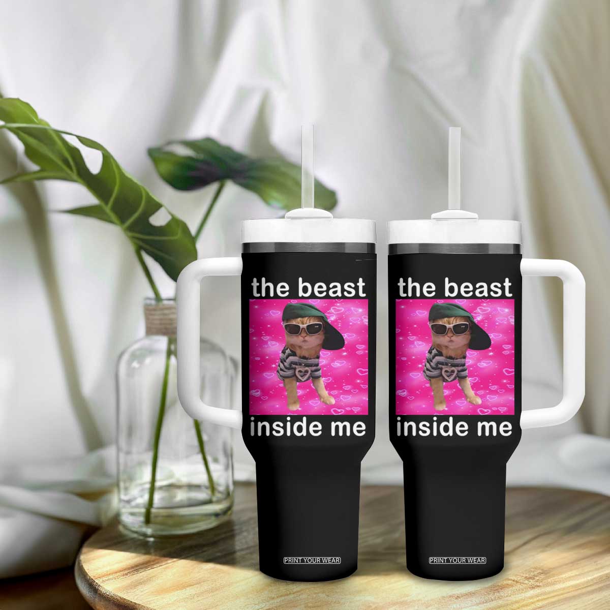 Funny Cat Meme Tumbler With Handle The Beast Inside Me TS09 Print Your Wear