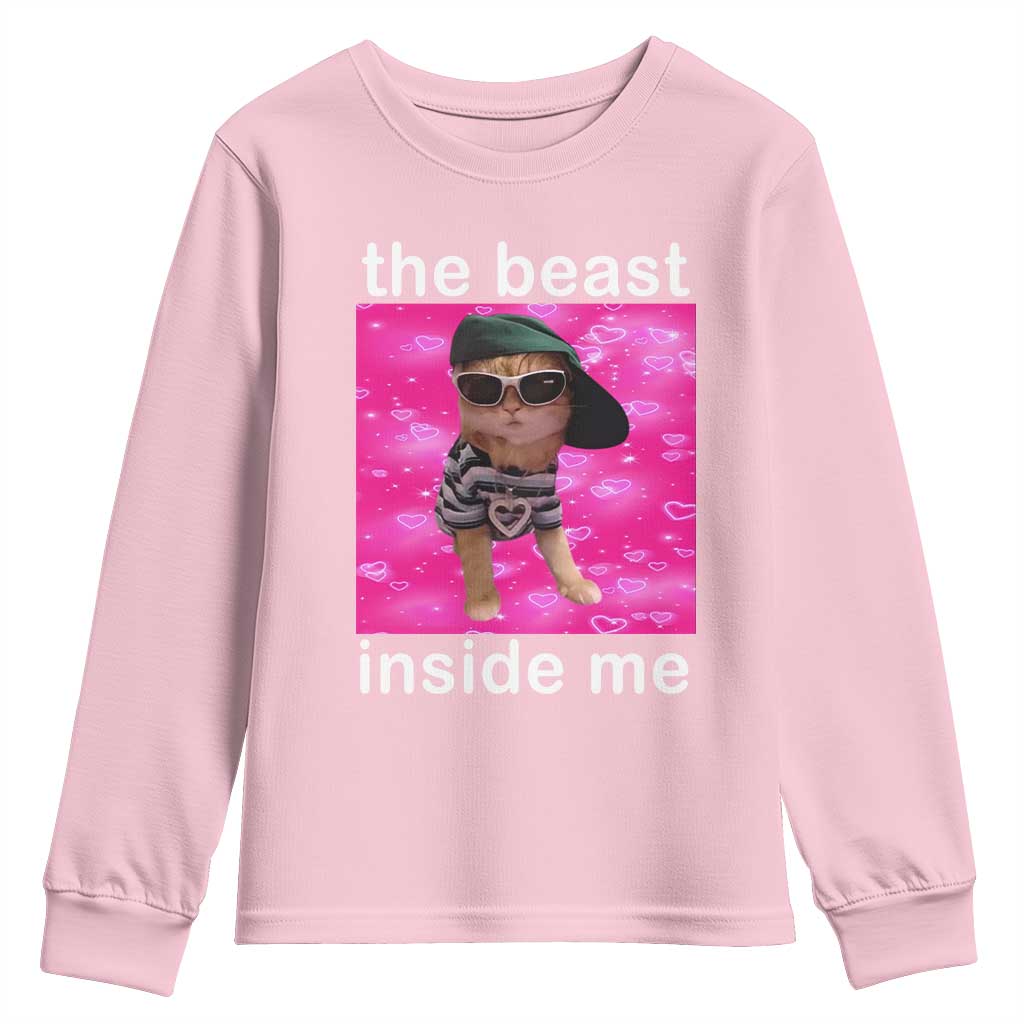 Funny Cat Meme Youth Sweatshirt The Beast Inside Me TS09 Light Pink Print Your Wear