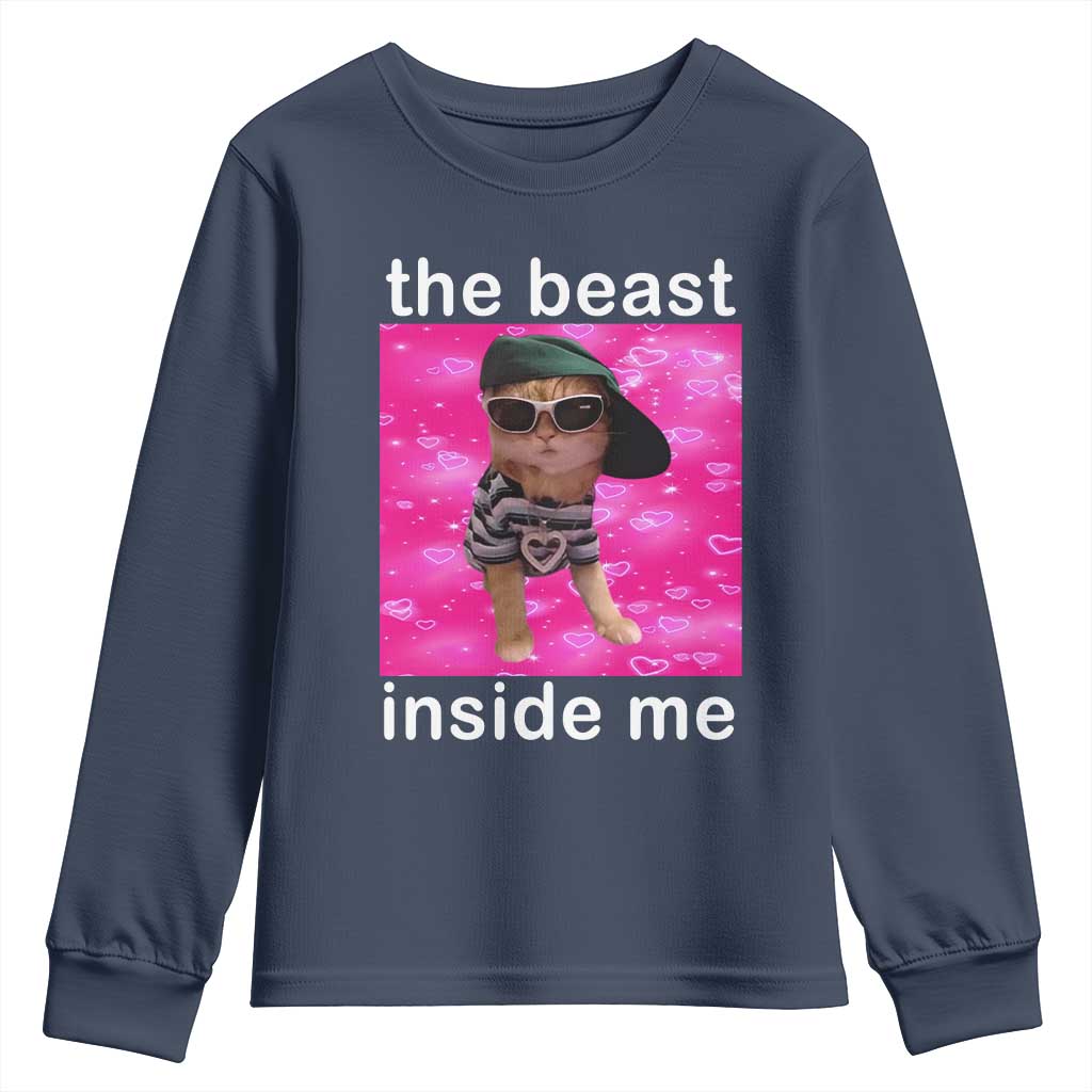 Funny Cat Meme Youth Sweatshirt The Beast Inside Me TS09 Navy Print Your Wear