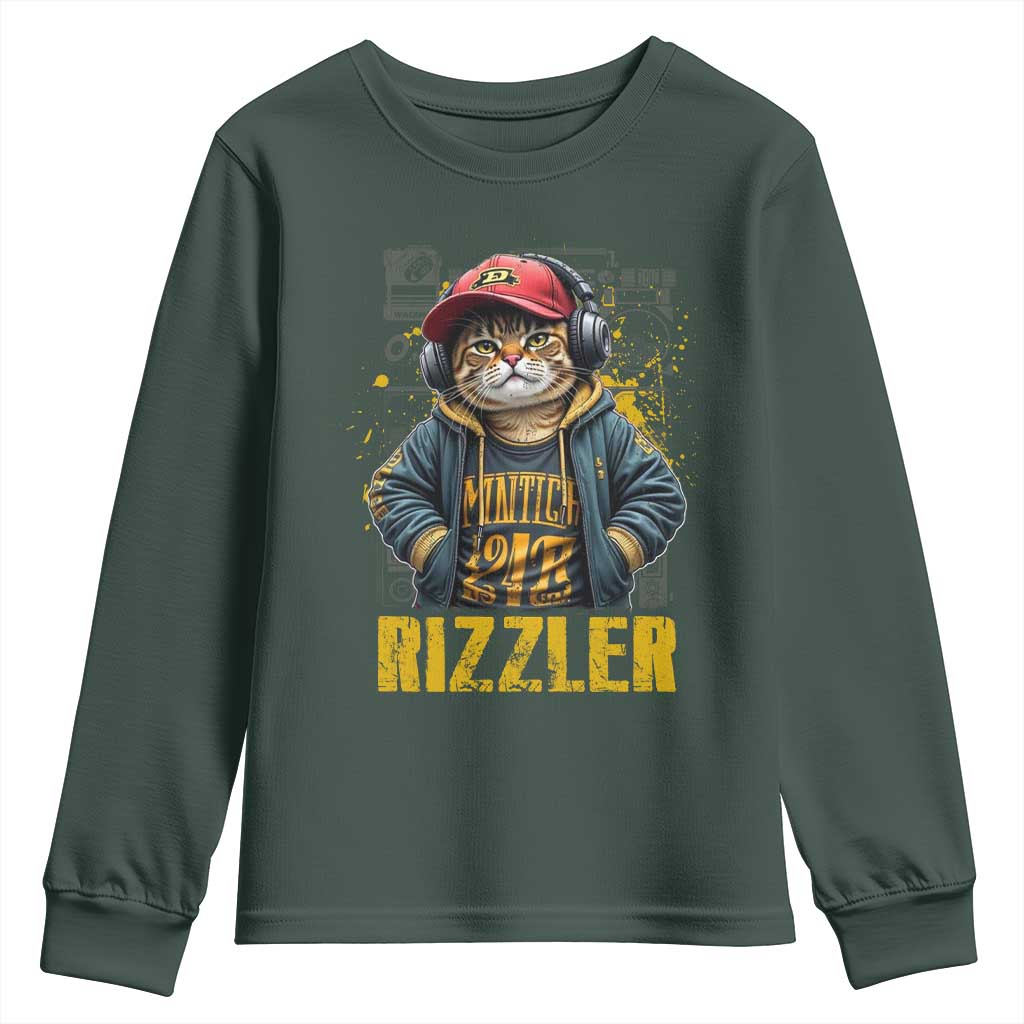 Funny Meme Rizzler Cat Youth Sweatshirt TS09 Dark Forest Green Print Your Wear