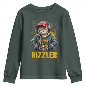 Funny Meme Rizzler Cat Youth Sweatshirt TS09 Dark Forest Green Print Your Wear