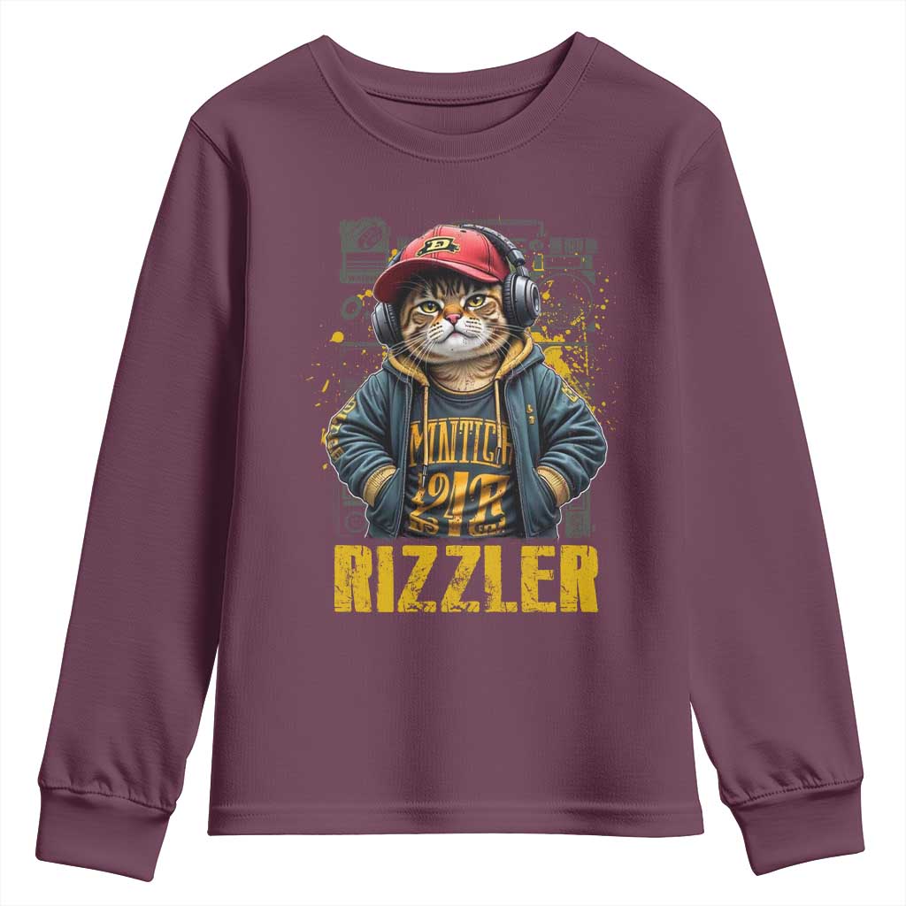 Funny Meme Rizzler Cat Youth Sweatshirt TS09 Maroon Print Your Wear