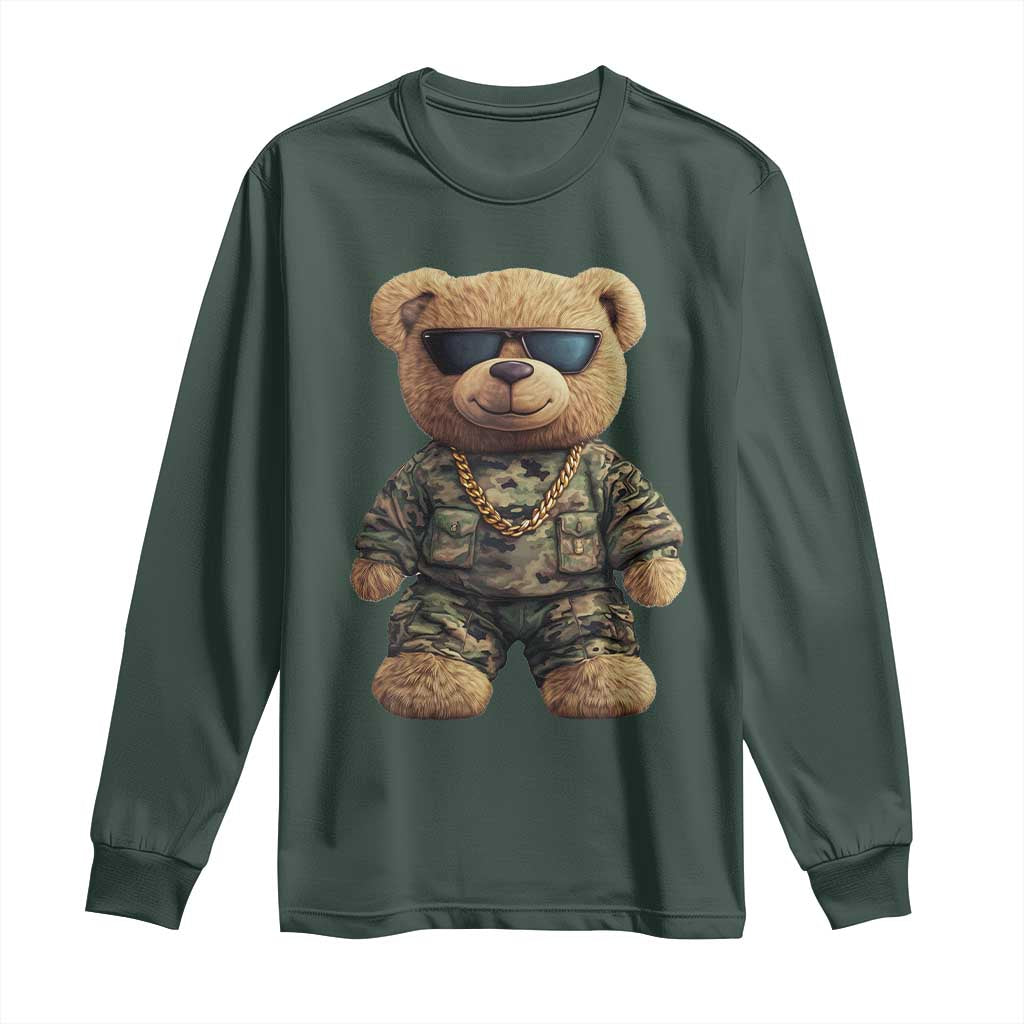 Camo Hip Hop Teddy Bear Long Sleeve Shirt Camouflage Gangsta Streetwear TS09 Dark Forest Green Print Your Wear