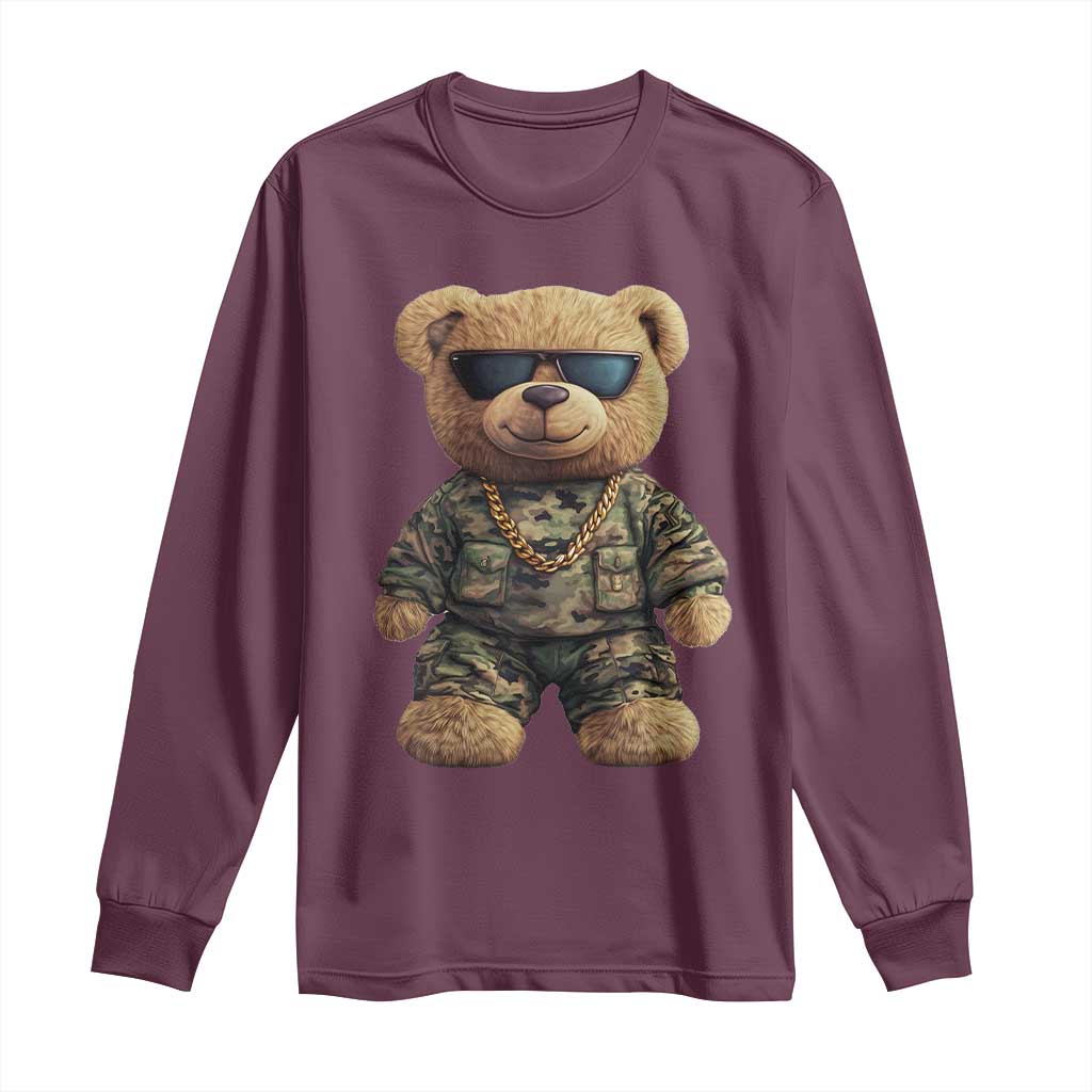 Camo Hip Hop Teddy Bear Long Sleeve Shirt Camouflage Gangsta Streetwear TS09 Maroon Print Your Wear