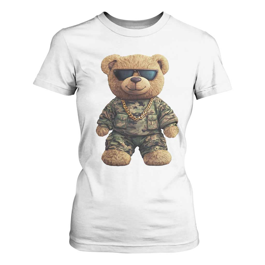 Camo Hip Hop Teddy Bear T Shirt For Women Camouflage Gangsta Streetwear TS09 White Print Your Wear