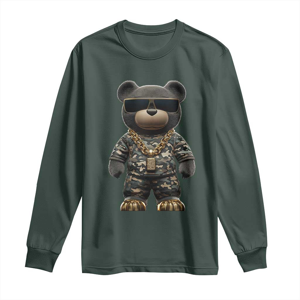 Hip Hop Teddy Bear Long Sleeve Shirt Camouflage Gangsta Streetwear TS09 Dark Forest Green Print Your Wear