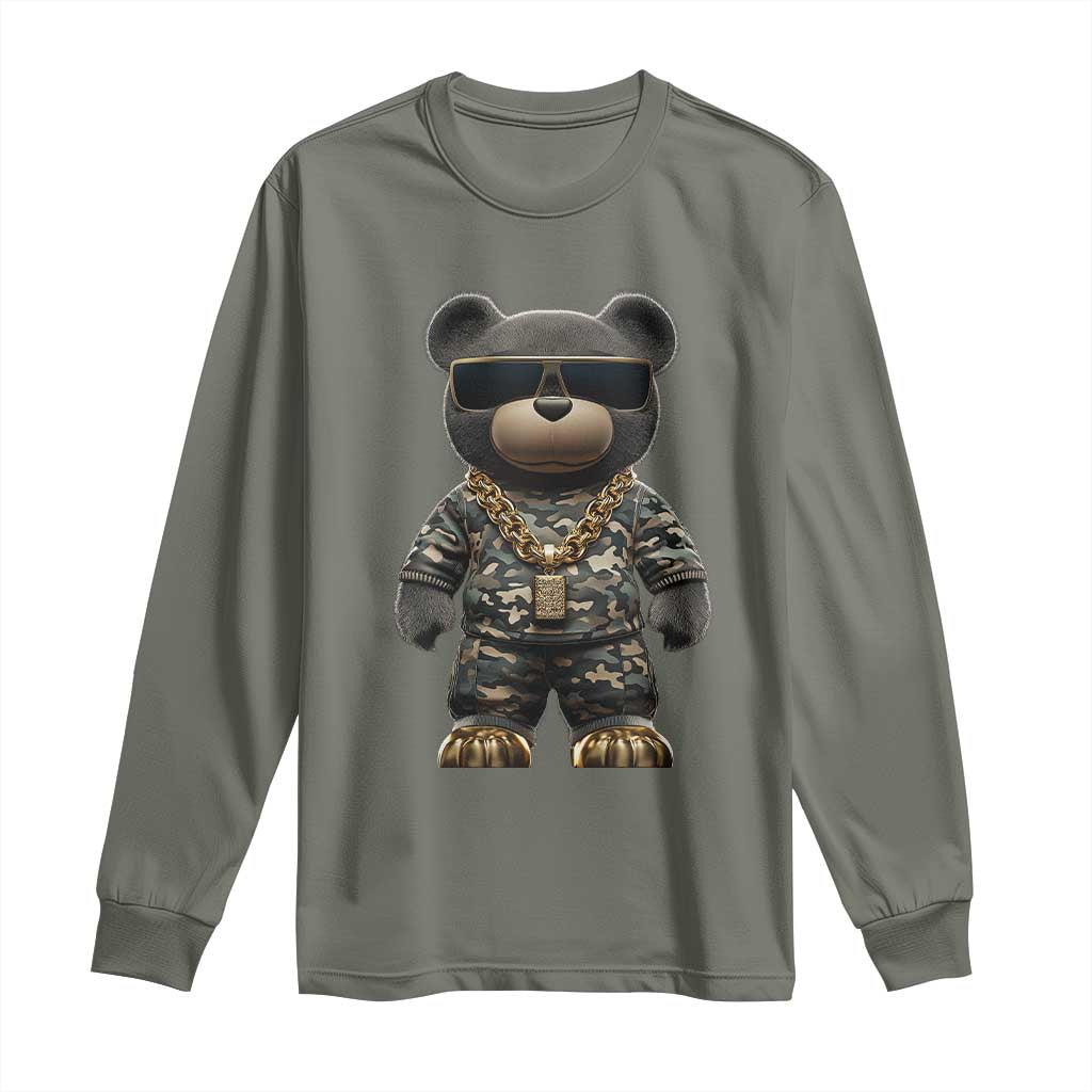 Hip Hop Teddy Bear Long Sleeve Shirt Camouflage Gangsta Streetwear TS09 Military Green Print Your Wear