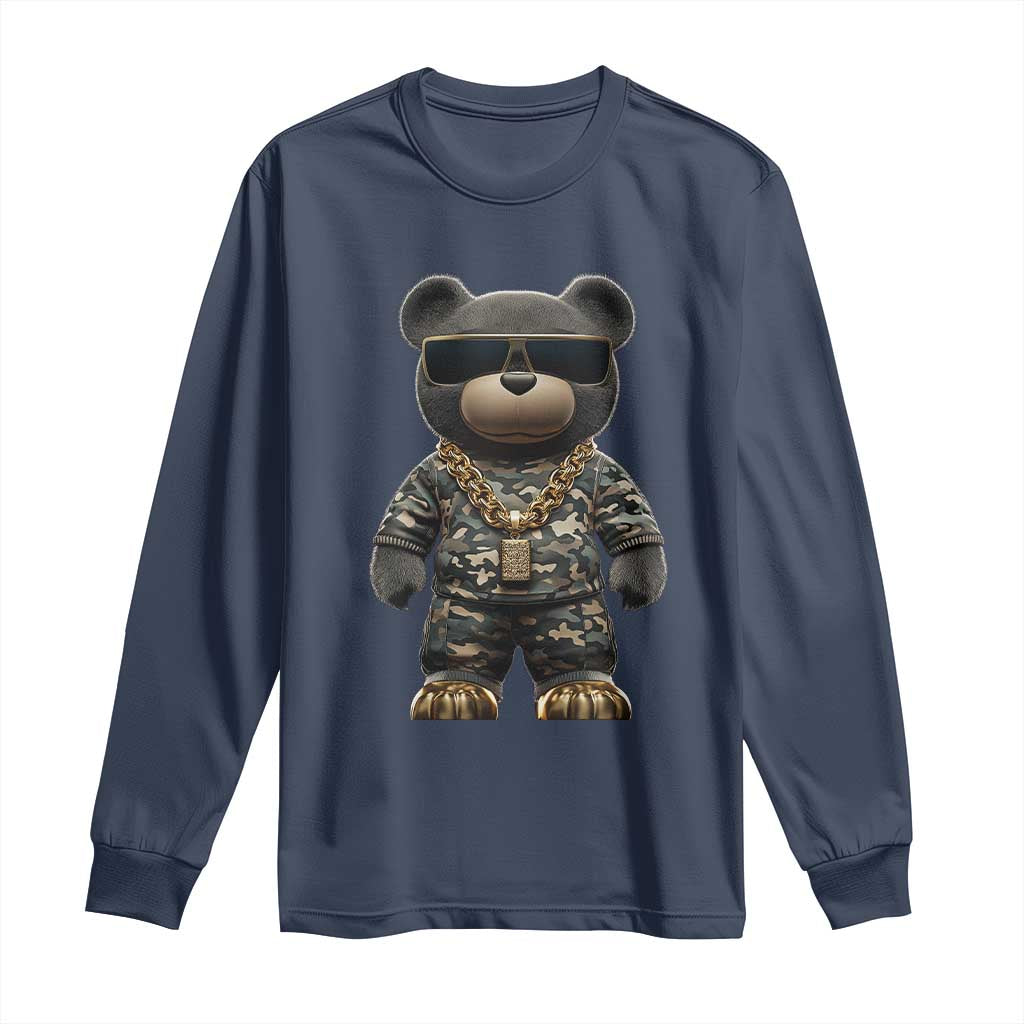 Hip Hop Teddy Bear Long Sleeve Shirt Camouflage Gangsta Streetwear TS09 Navy Print Your Wear
