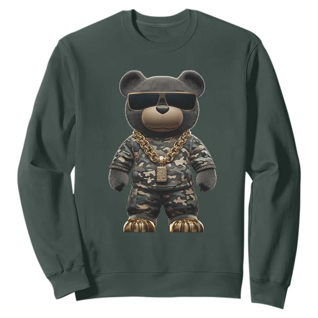 Hip Hop Teddy Bear Sweatshirt Camouflage Gangsta Streetwear TS09 Dark Forest Green Print Your Wear