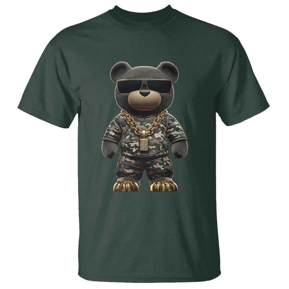 Hip Hop Teddy Bear T Shirt Camouflage Gangsta Streetwear TS09 Dark Forest Green Print Your Wear