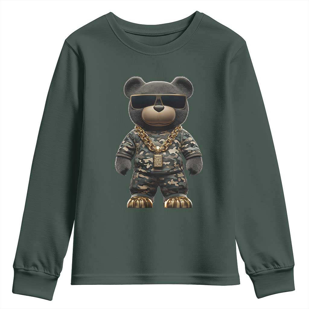 Hip Hop Teddy Bear Youth Sweatshirt Camouflage Gangsta Streetwear TS09 Dark Forest Green Print Your Wear