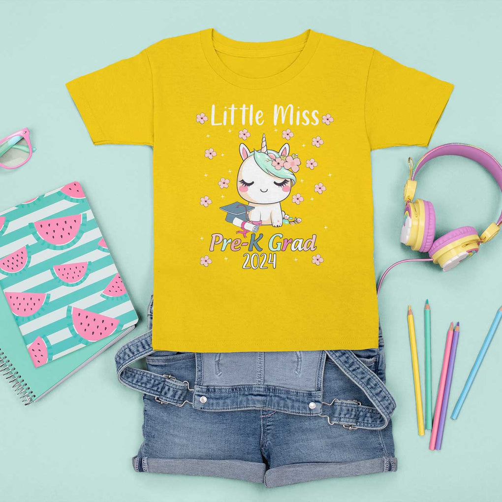 Pre-School Graduation T Shirt For Kid Little Miss Pre-K Grad 2024 Cute Unicorn TS09 Daisy Print Your Wear
