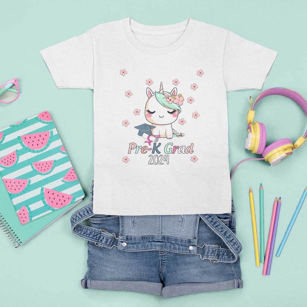 Pre-School Graduation T Shirt For Kid Little Miss Pre-K Grad 2024 Cute Unicorn TS09 White Print Your Wear
