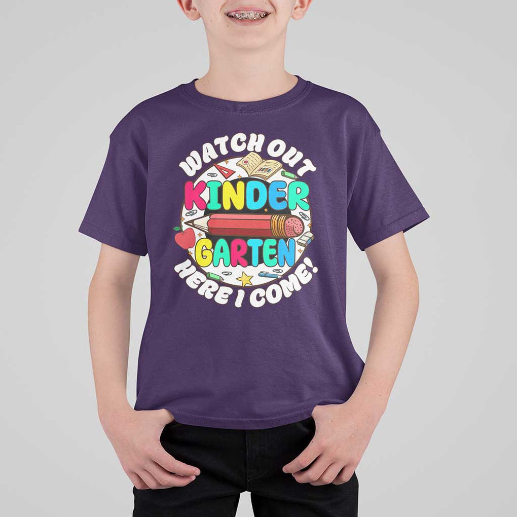 Watch Out Kindergarten T Shirt For Kid Here I Come 1st Day Of School TS09 Purple Print Your Wear