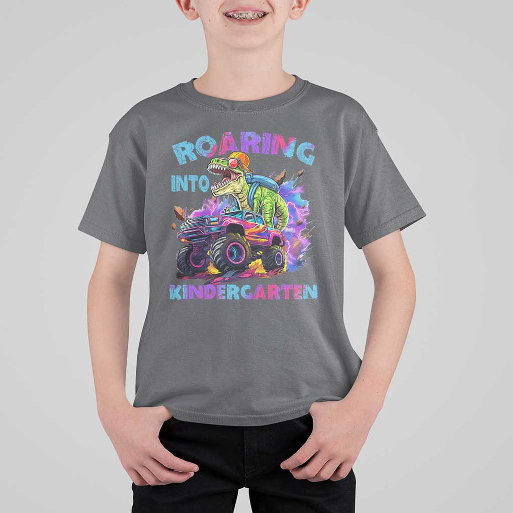 Roaring Into Kindergarten T Shirt For Kid Funny Dinosaur Monster Truck Back To School TS09 Charcoal Print Your Wear