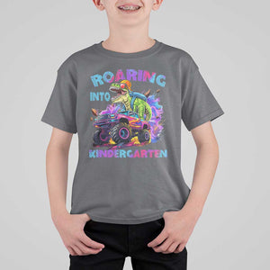 Roaring Into Kindergarten T Shirt For Kid Funny Dinosaur Monster Truck Back To School TS09 Charcoal Print Your Wear