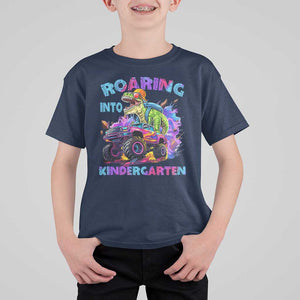 Roaring Into Kindergarten T Shirt For Kid Funny Dinosaur Monster Truck Back To School TS09 Navy Print Your Wear